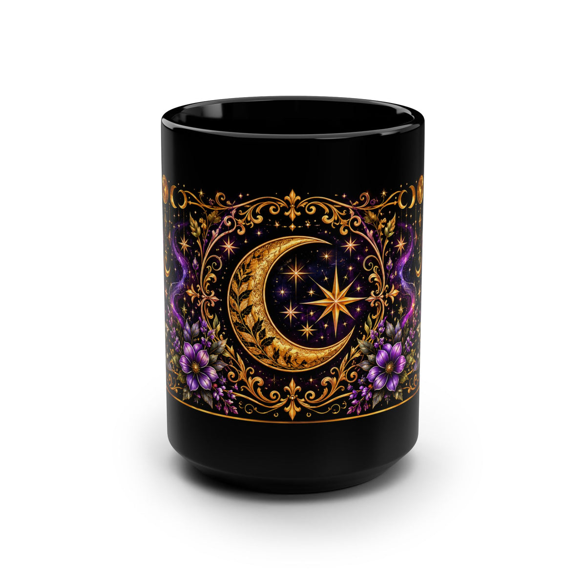 15oz Black Mug — Golden Crescent Moon & Star with Purple Floral Boho Design