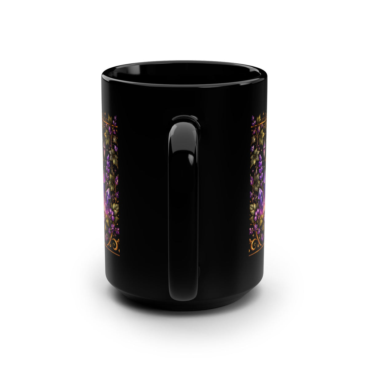 15oz Black Mug — Golden Crescent Moon & Star with Purple Floral Boho Design