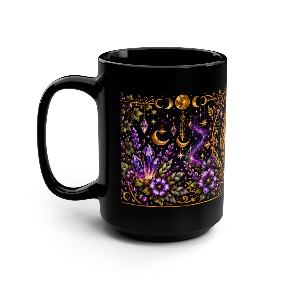 15oz Black Mug — Golden Crescent Moon & Star with Purple Floral Boho Design