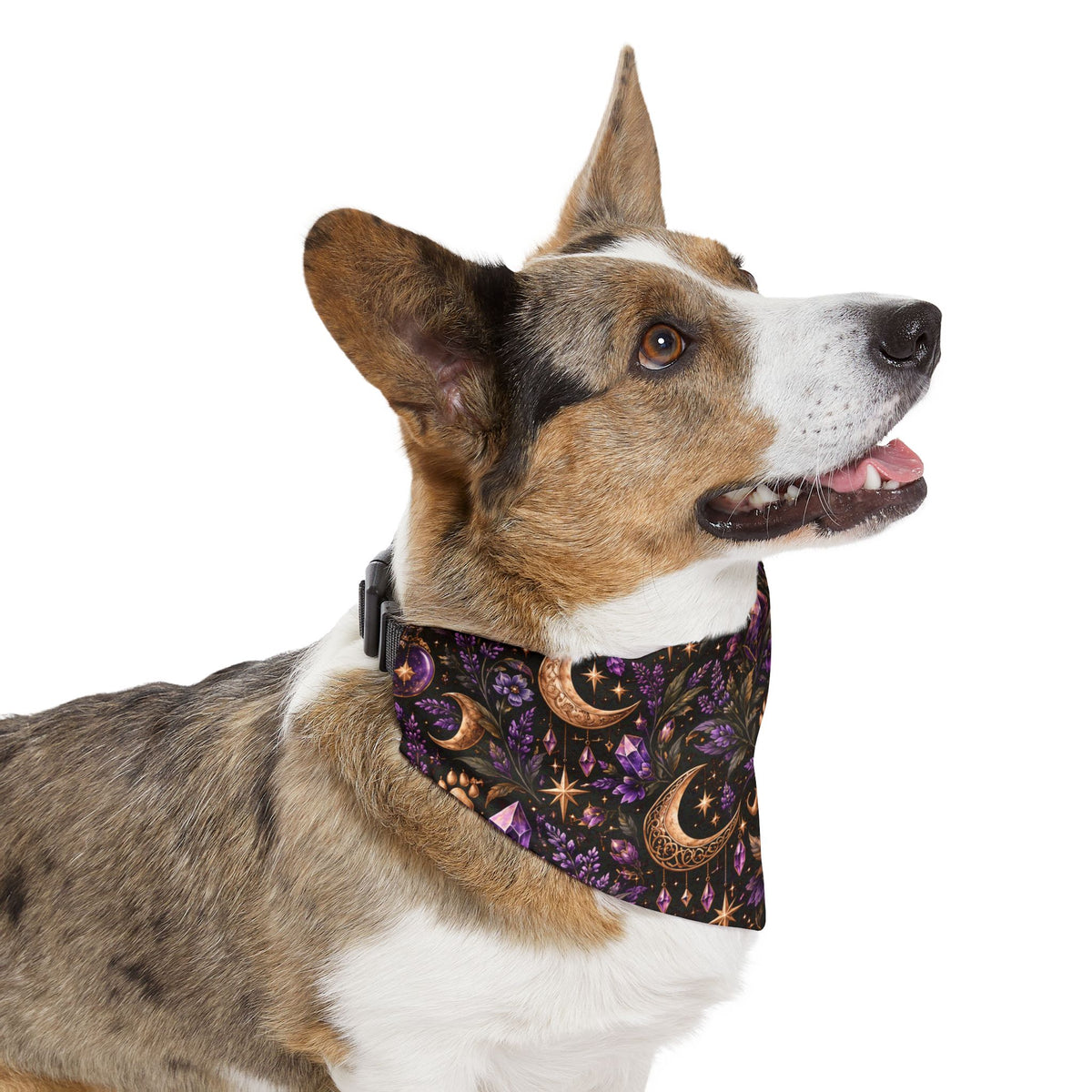 Moon & Floral Pet Bandana Collar – Purple Celestial Pattern for Dogs