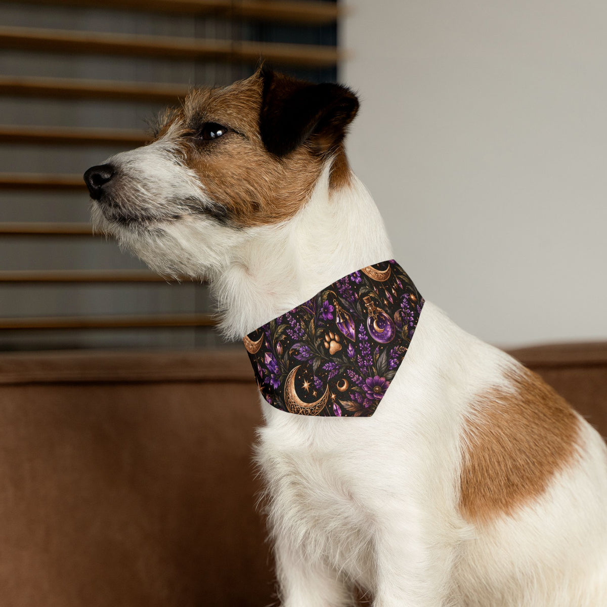 Moon & Floral Pet Bandana Collar – Purple Celestial Pattern for Dogs
