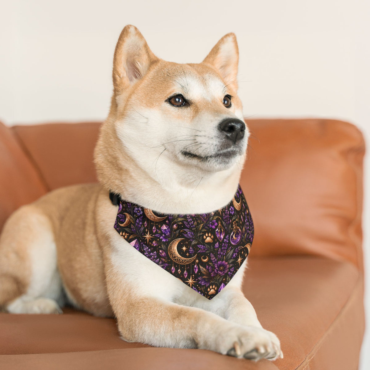 Moon & Floral Pet Bandana Collar – Purple Celestial Pattern for Dogs
