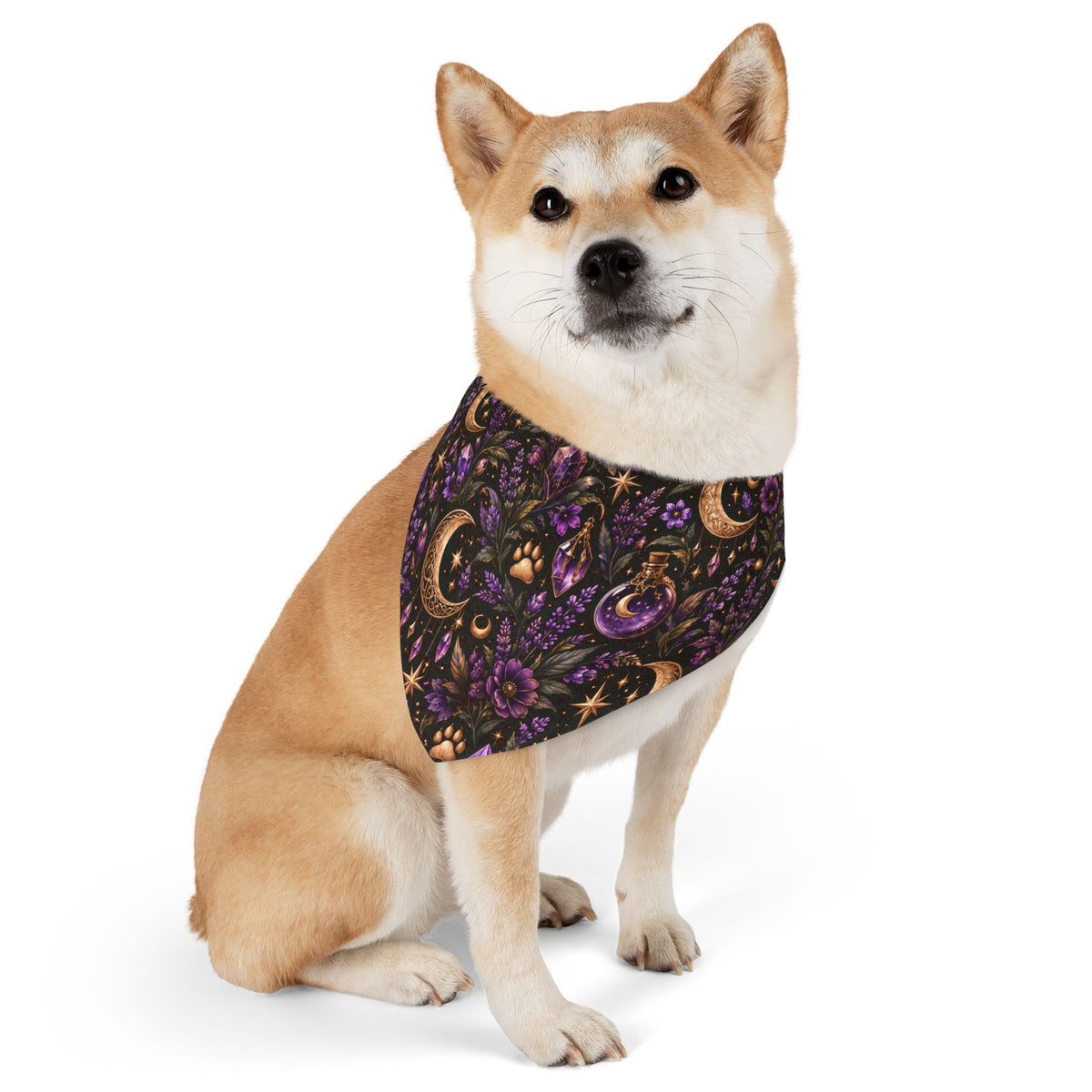 Moon & Floral Pet Bandana Collar – Purple Celestial Pattern for Dogs