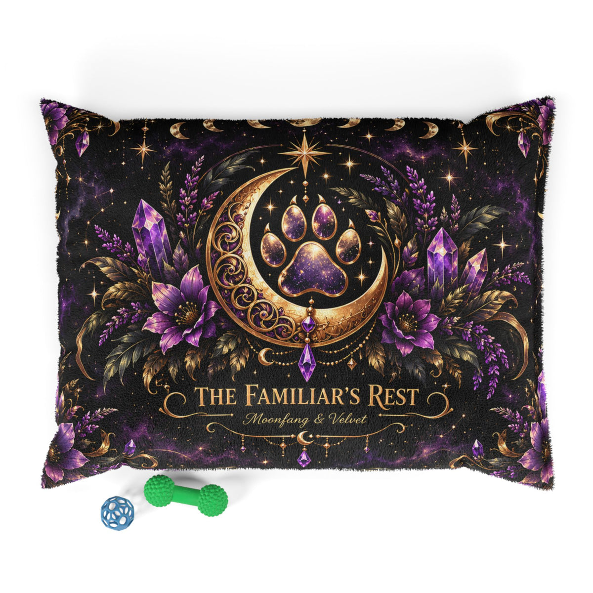 Pet Bed — 'The Familiar's Rest' Purple Moon & Paw Mystic Floral Cushion for Cats & Dogs