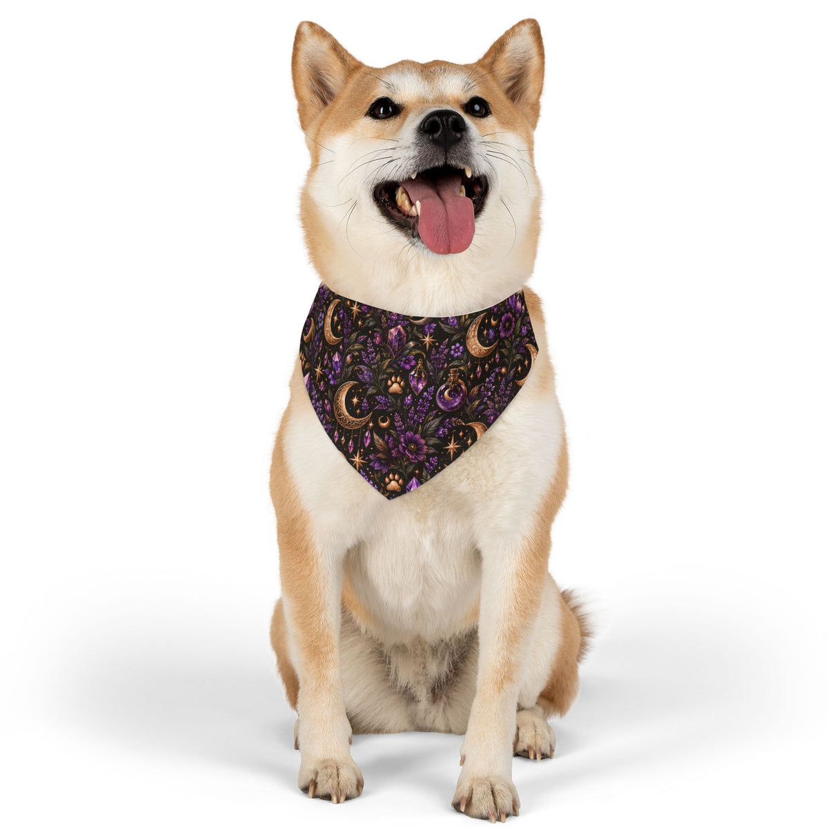 Moon & Floral Pet Bandana Collar – Purple Celestial Pattern for Dogs