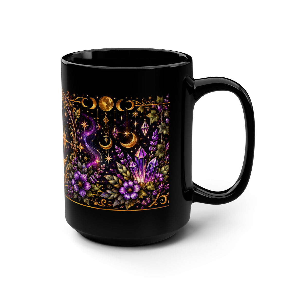 15oz Black Mug — Golden Crescent Moon & Star with Purple Floral Boho Design